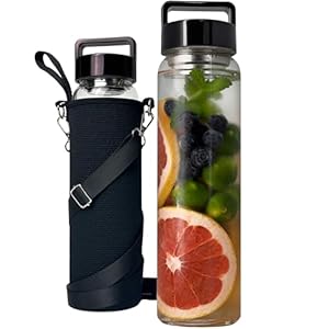 32 oz Clear Glass Water Bottle | Cold Brew Fruit Infuser Water Bottle (Black Lid)