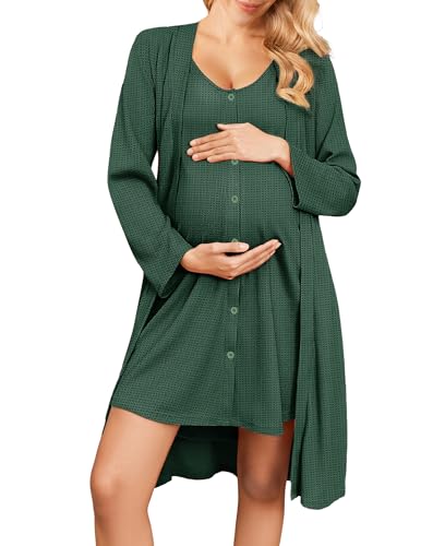 Image of Ekouaer Maternity Nursing Gown and Robe Set 2 Piece Waffle Breastfeeding Nightgown 3 in 1 Labor and Delivery Hospital Gown