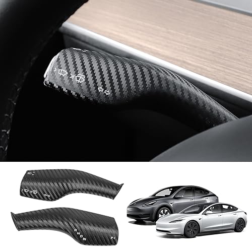 KUNIST Steering Lever Cover for Tesla Model Y 2024, Carbon Fiber Pattern Gear Shift Cover Accessories Snap Design Full Protection for Tesla Model 3 2017-2023 and Model Y 2020-2024 (Matte Carbon)