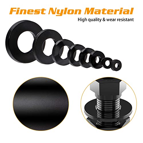 URLWALL 500Pcs Nylon Flat Washer Assortment Set, Washers Metric Sealing Spacer Gasket Ring Washers Set, 8 Sizes - M2, M2.5, M3, M4, M5, M6, M8, M10 (Black)