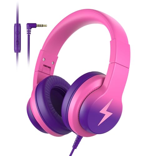 Candy Bila Kids Headphones, Wired Headphones for Kids Over Ear with Microphone, 85/94dB Volume Limiter Headphones for Girls Boys with Sharing Jack, Foldable Headphones for Online Study