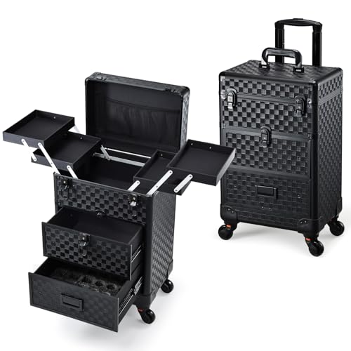 Stagiant Rolling Makeup Case with Drawers Cosmetology Case on Wheels 3 IN 1 Makeup Case 2 Drawers with Foot Stand Spring-release Mechanism Rolling Make Up Organizer for Artist Salon Nail Teach Trunk