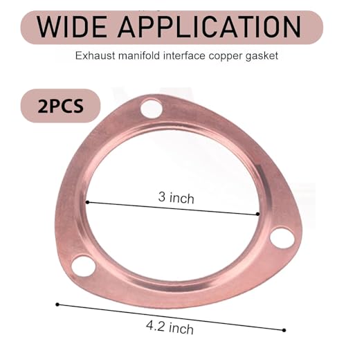Image of ijuicy 2 PCS Car Exhaust Gaskets, 3 inch Copper Exhaust Manifold Gasket, 3-Bolt Standard Exhaust Pipe Gasket, Ultra Seal Exhaust Flange Gasket, Compatible with Chevrolet SBC BBC 302 305 454 (Gold)