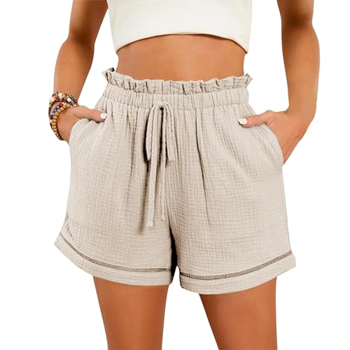 Lainuyoah Short feminino solto cintura alta plus size shorts atléticos cordão elástico linho calça c