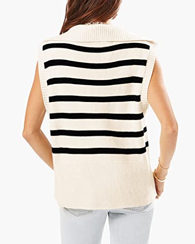 Womens Striped Zipper Sweater Vest Tank Tops Lapel Summer Sleeveless Pullover Casual Lightweight Knit Top Beige #TOP1