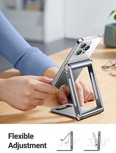 UGREEN Mobile Phone Stand for Desk, Adjustable Aluminum Phone Holder Compatible with iPhone, Galaxy Phone, Xiaomi, Redmi, Motorola, Oneplus, Huawei Phones Mini Tablets(Gray)