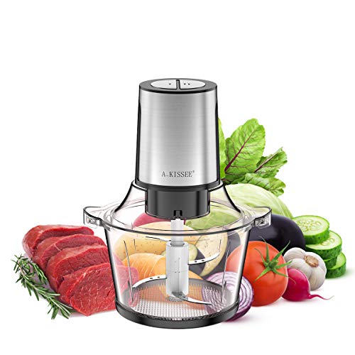 A-KISSEE Food Processor,8-Cup Electric Food Chopper with 1.5L Glass Bowl Grinder for Meat Vegetables Salad Onion,Fast & Slow 2 Speeds,4 Sharp Blades Meat Grinder