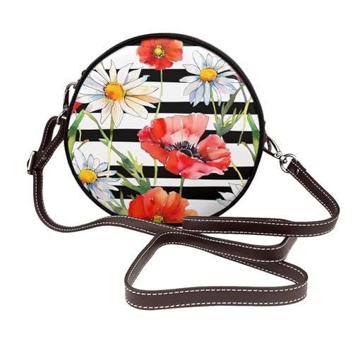 Sac à bandoulière rond femme cuir végétalien à rayures et fleurs Poppy