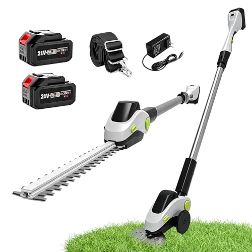 2 en 1 Taille Haie et Cisaille à Gazon, Taille Haie Electrique sans Fil avec 2 Batterie et Câble de Charge, Sécateur Electrique avec Téléscopique pour...