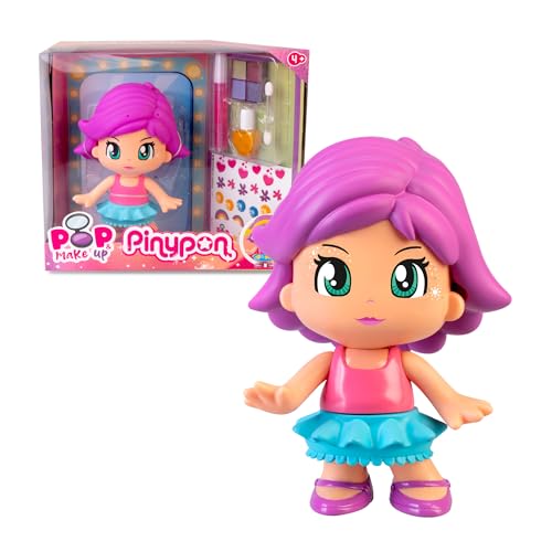 Pinypon   Pop & Make Up, Figura de 17 cm para Maquillar, Decora sus Uñas o Cara con Pegatinas, Incluye Pintura Especial para el Pelo y sus Vestidos, Pintura se Puede Quitar, +4 años, Famosa (PNY70000)