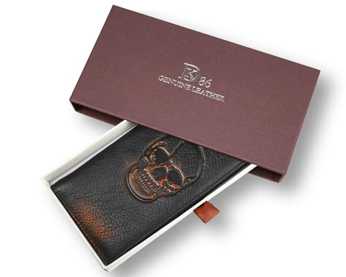 Image of DK86 Skull Long Wallet For Men Full Grain Leather with Hand Burnished Rfid Blocking Rodeo Wallet Bifold Wallet Skull Wallet B