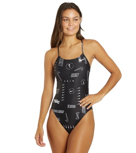 Nike Women's HydraStrong Multi Print Cut Out One Piece Swimsuit Black, Size 34