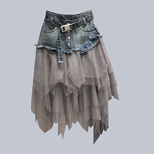 Women Denim Mesh Patchwork Lace Skirt High Waist A Line Asymmetric Frill Tulle Gothic Skirts Mini Denim Skirt3