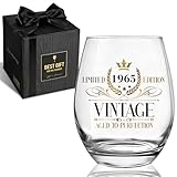 60th Birthday Glass Gifts for Women Men, Funny 15oz Vintage 1965 Wine glass, Unique Turning Sisty Years Old Bday Decoration Glasses gift Ideas for Her Him Family Mom Dad Husband Wife Friends-50