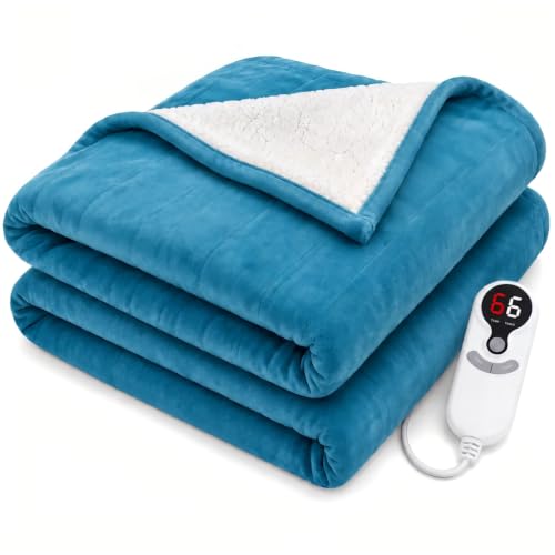Electric Heated Blanket, Flannel and Sherpa, Full 72 x 84 in,Tile Blue