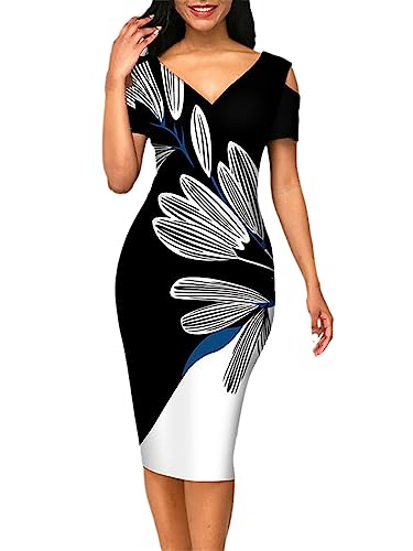 2023 Fashion Cold Shoulder Short Sleeve Floral Print Slim Ladies Work Wear Office Knee-Length Dresses 3XL-S