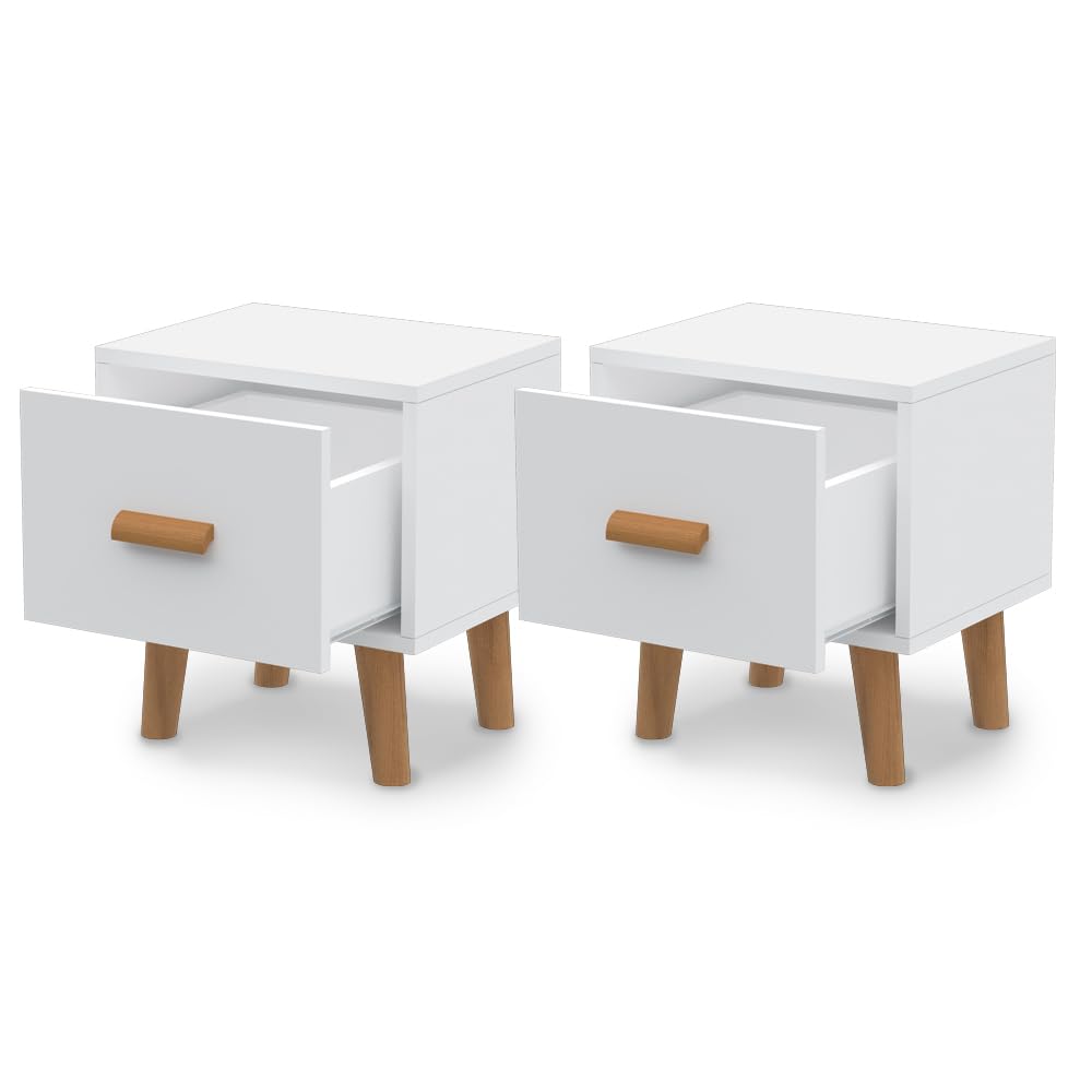 Mahmayi Modern Multifunctional D Nightstand Wooden Side Table Storage Unit with One/Two drawer Home Living Room Bedroom Furniture (Pack of Two, White Single Drawer)