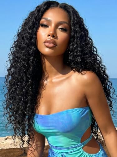 Image of KLAIYI Water Wave Pre Everything 13x4 HD Lace Frontal Human Hair Wig with Baby Hair Drawstring Glueless Pre Plucked Bleached Bye Bye Knots Curly 30S Ready to Wear and Go Wig Beginner Friendly 26Inch