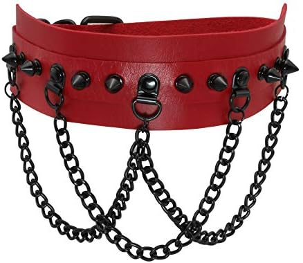 JJDreams Gothic Choker Spike Rivet with 3 Layered Chain Adjustable Punk PU Leather Necklaces Collar