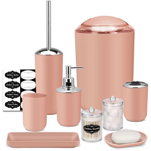 IMAVO Bathroom Accessories Set,Coral Pink Bathroom Set,9 Pieces Bathroom Accessory
