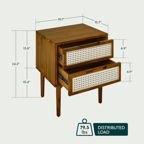 Image of Bme Oliver Solid Wood Rattan Nightstand /Side Table /End Table, Fully Assembled, for Bohemian & Mid Century Style Bedroom and Living Room, Caramel | Fully Assembled