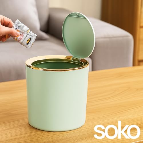 Image of Soko Cute Portable Mini Trash Can, Small One-Key Press Plastic Fancy Press-Top Desktop Dustbin Waste /Garbage Disposal For Home, Office, Bathroom, Bedroom, Kitchen, Work, Study Table - (Mint Green)