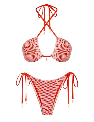 seamoly Conjunto de bikini para mujer, traje de baño de dos piezas decorado con escote halter, traje de baño sexy con lazo lateral, tanga, bandeau, Rojo -, XS