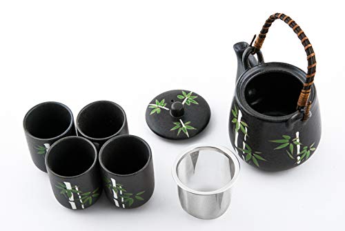 Japanese Asian Lucky Bamboo Design Tea Set Ceramic Teapot With Strainer, Rattan Handle And 4 Tea Cups #TOP2