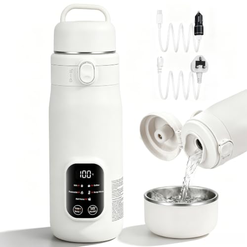 Image of Portable Electric Kettle 500ml, 3 Power Supply Modes Car USB UK Mains Plug, 5 Temperature Settings Travel Heating Cup, 24H Constant Warm Mini Boiling Water Mug for Travel Office Baby Milk Coffee Tea