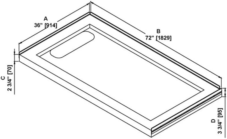 Pemberly Row Reversible Shower Base, 72"W x 36"D, Rectangular Fiberglass Resin Construction, Hidden Side Drain, Textured Slip-Resistant Surface, Single Threshold Design for Bathroom or Corner Showers