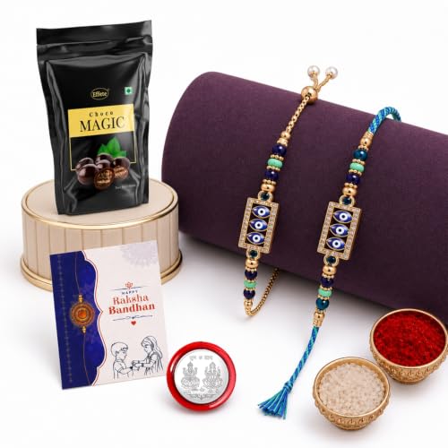 Image of DeoDap Shiv Parvati Design Rakhi Lumba Bhabhi Set of 5 with Chocolate, Silver Pooja Coin, Greeting Card, Lumba Rakhi for Bhabhi - Rakhi Gift for Bhai & Bhabhi