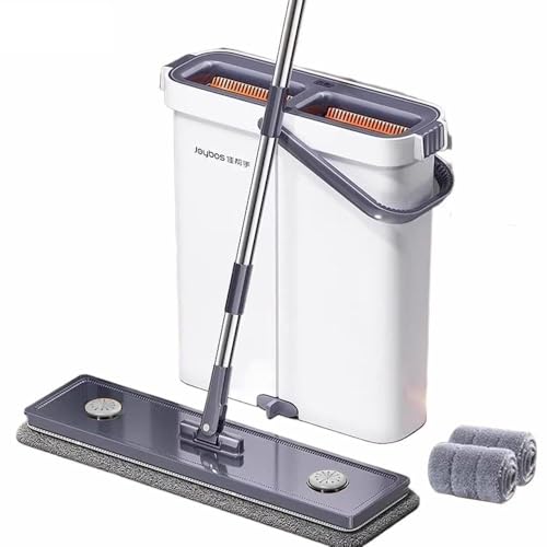 FLKWOP Juego de fregona y cubo grande para el hogar con escurridor y mango largo, sistema de pared, rotación de cubo, fregona plana 360 y