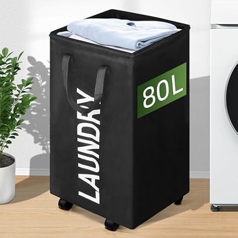ZOES HOMEWARE 80L Large Laundry Basket with Wheels, 21 GAL Rolling Laundry Hamper with Handle, 27" Tall Square Laundry Basket for Corner, Collapsible and Foldable, (Black) Cover