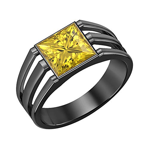 RUDRAFASHION 14K Black Gold Plated Solitaire Princess Cut Yellow Sapphire Men's Wedding Band Engagement Ring for Mens