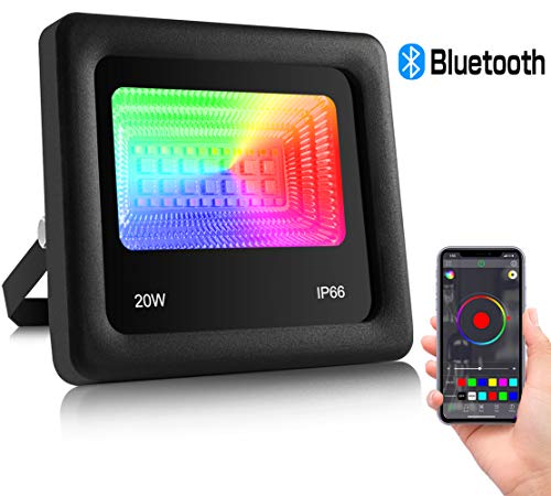 RGBW Projecteur LED, ZOTO 20W Spot Extérieur par Contrôle de l'application Bluetooth, 16 Millions de Couleurs/27 Modes + 3 Modes de Lumière Blanche, IP66 étanche et Timing, pour Jardin, Festival, Fête