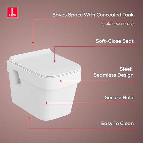 Image of LAPO P Trap Wall Hung Toilete, Ceramic Rimless Commode Toilet, Wall Hung Western Toilet With Soft Closing Toilete Seat (White, 19X14X14 Inch)-JHN