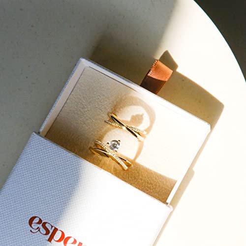 18K Gold Vermeil Criss Cross Engagement Ring | Pave X Ring Contemporary Criss-Cross Band | Double Band Solitaire Ring Promise Ring (Size 7) #TOP7