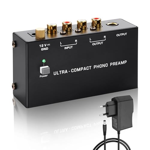 SinLoon PP400P Préamplificateur Phono Professionnel Double Sortie (RCA et ¼ Pouce) avec borne à Terre et Interrupteur d'alimentation, amplificateur phonographe Plateau tournant à Faible Bruit (Noir)