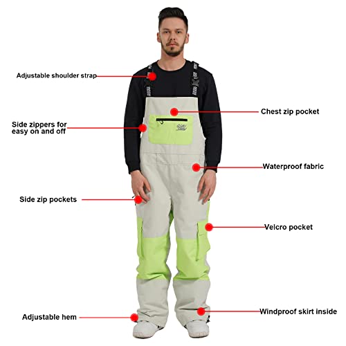 Gsou Snow Men's Ski Pants Snow Bib Overalls Snowboard Waterproof Windproof Insulated Adjustable Strap Winter Warm,M Off White Green #TOP2