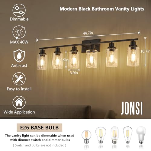 Image of Jonsi Modern Black Bathroom Light Fixtures, 6-Light Modern Black Vanity Light, Bathroom Vanity Light with Stripe Glass Shade, E26 Wall Sconces Over Mirror for Bathroom, Living Room, Hallway