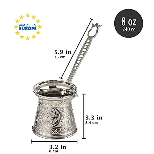 Turkish Coffee Pot, Moka Pot, Espresso Maker For The Stove Top, Camping Coffee Pot, Handmade Greek Arabic Coffee Warmer Cezve With Brass Handle, Stainless Steel Inside (Small 8 Oz, Silver) #TOP6