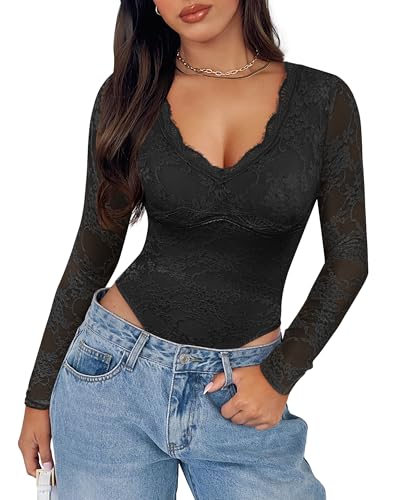 SAUNGKUAI Womens Sexy V-Neck Long Sleeve Bodysuit Double Lined Going Out Y2K Trendy Lace Body Suit Tops