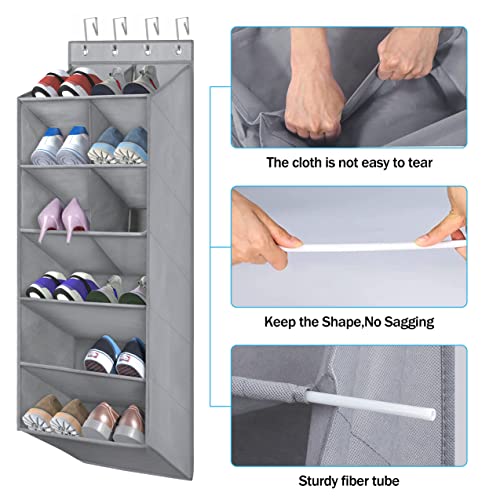 Coastal Rose Over The Door Shoe Organizer, 6-Tier Shoe Rack For Closet Door With Large Deep Pockets & 4 Metal Hooks, Hanging Storage Organizer For Baby Diaper, Shoe, Closet, Bathroom, Nursery, Gray #TOP4