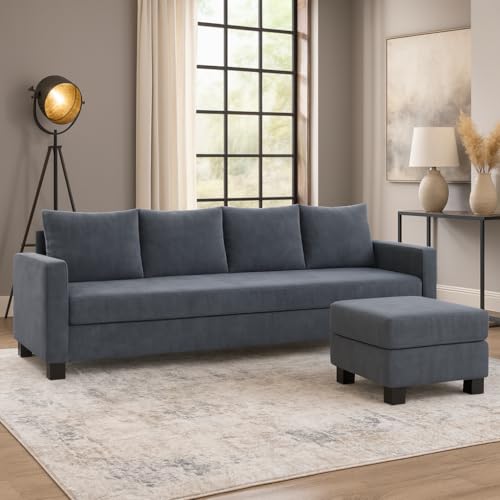 Image of FURNY Premium Regold Fabric 5 Seater L Shape Sofa Set 4 Seater Modern Sofa Set & Ottoman for Living Room (Dark Grey Color) | Durable Comfort | Modern Design | Ideal for Living Room