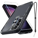 RMOCR Case for Samsung Galaxy A36/A56, Full Body Heavy Duty Rugged Shockproof Protective Phone Cover with Lanyard Strap, Tempered Glass Screen Protector and Camera Lens Cover, Black Matte