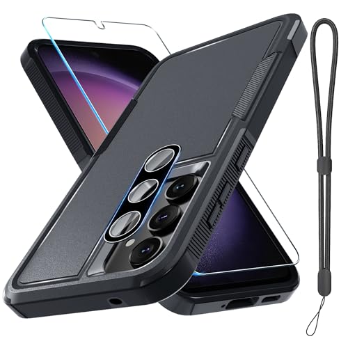 RMOCR Case for Samsung Galaxy A36/A56, Full Body Heavy Duty Rugged Shockproof Protective Phone Cover with Lanyard Strap, Tempered Glass Screen Protector and Camera Lens Cover, Black Matte
