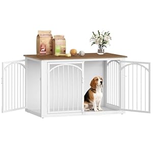 Fobyfurny Hundekäfig Möbel, 100cm Hundebox für Zuhause mit 4 Türen, Moderne Hundebox Holz, Beistelltisch, für Mittelgroße bis Große Hunde, Hundekäfig Indoor, 100 x 60 x 63 cm, Braun und Weiß