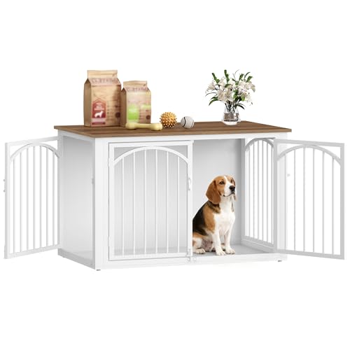 Fobyfurny Cage pour Chien, 100cm Meuble Cage Chien et 4 Portes, Cages Bois pour Chiens, Table d'appoint, pour Chiens de Taille Moyenne à Grande, Niche D'intérieur, 100 x 60 x 63 cm, Marron et Blanc