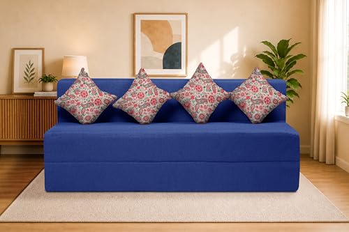 Image of Four Seater Sofa Cum Bed Jute Fabric 6 X 6 Ft| Space Saving Foldable Sofa Bed for Living Room & Guest Room | Comfortable Multi-Functional Furniture - Blue