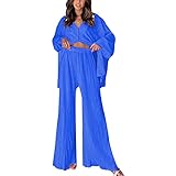Eigenschaften: Zweiteiliges Hosenset für Damen, übergroße, langärmlige Hemden mit Knöpfen für Damen, hoch taillierte, hoch taillierte Hose mit weitem Bein, Spreizkragen, elastische Taille.